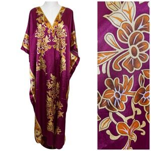 Winlar Vintage Purple Gold Floral Satin Kaftan Maxi Dress One Size Muu Muu Boho